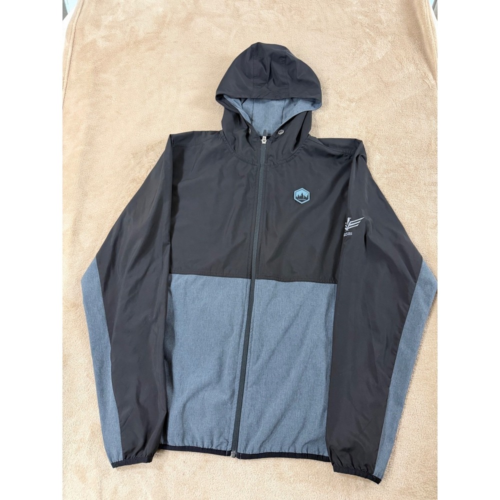 Swannies Colorblock‎ Hooded Windbreaker Jacket Men L Black Gray Lightweight EUC